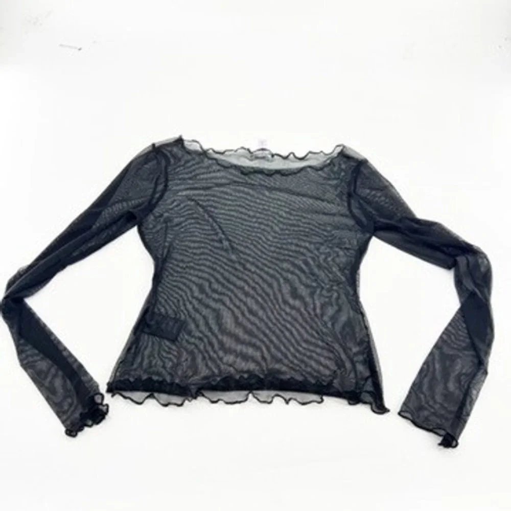 Out From Under Black Sheer Mesh Lettuce Edge Long Sleeve Top Women Small P/S